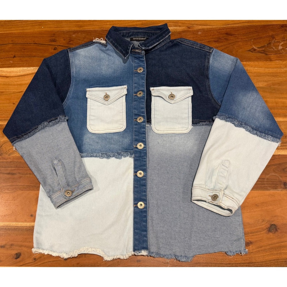 Ashley Stewart Patchwork Denim Shirt Jacket Multi Blue Colorblock Frayed Hem